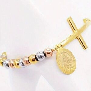18k Hip-Hop Style Round Bracelet with Stainless Steel Beads, Elastic Rope
